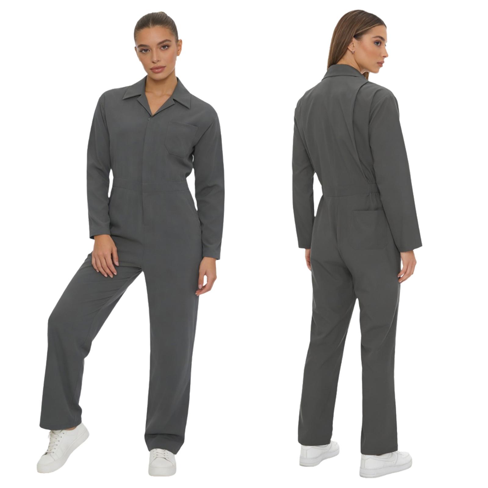 Damen Vollkörper Langarm Umlegekragen Reißverschluss Overall Arbeitskleidung Jumpsuit S grau
