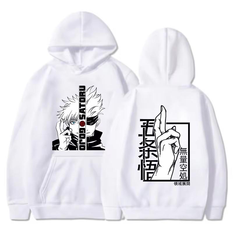 Neues Anime-Sweatshirt Cool Gojo Satoru Grafikdruck Hoodies Mode Lässig Langarm Pullover Mode Sport Fleece Hoodie S weiß