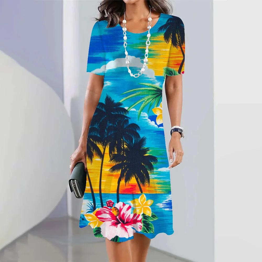 Hawaii Coconut Tree Print Damenkleider Urlaub Lange Kleider Damenbekleidung Sommer Einteiliges Kleid XL blue