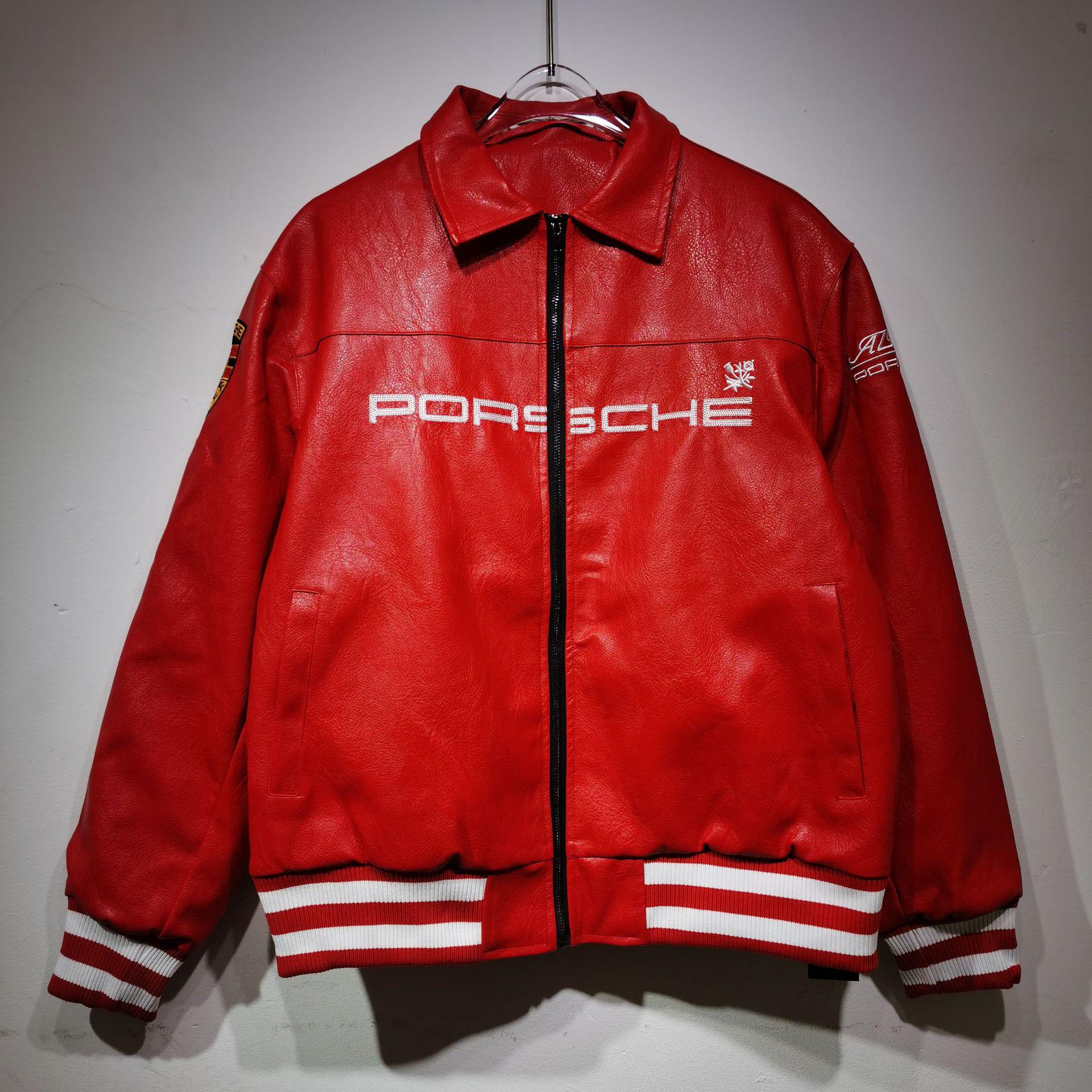 Porsche Racing Retro Lederjacke mit Stickerei-Emblem für Herren und Damen Small rot