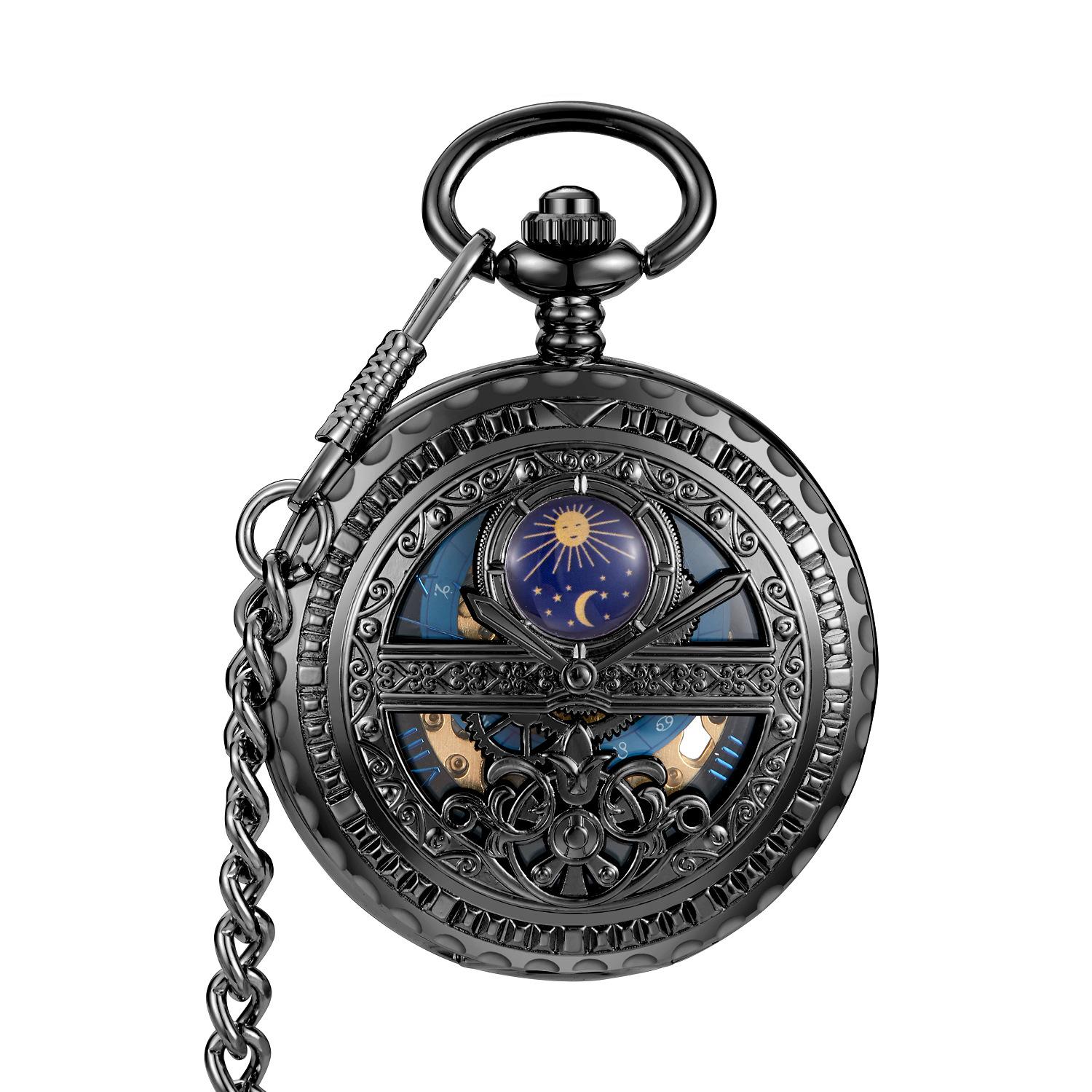 Luxus mechanische Uhr Vintage Mann Taschenuhr mit Kette Steampunk Skelett Taille Uhren für Männer Anhänger schwarz