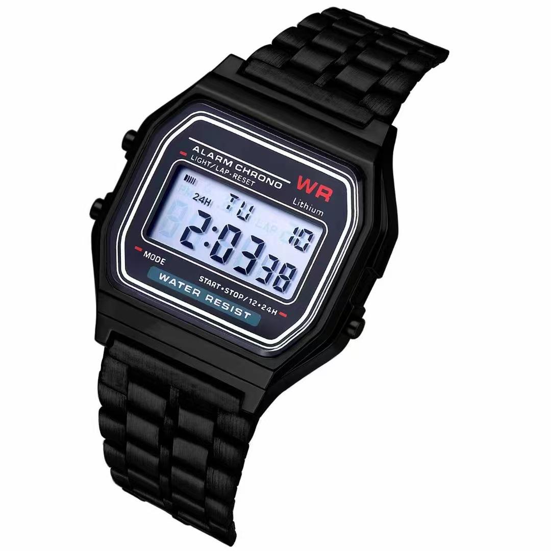 F91W Nicht Wasserdichte Stahlarmbanduhr für Damen, Herren, Business-Uhr, Multifunktionale LED Digitale Sportuhr, Elektronische Uhr black