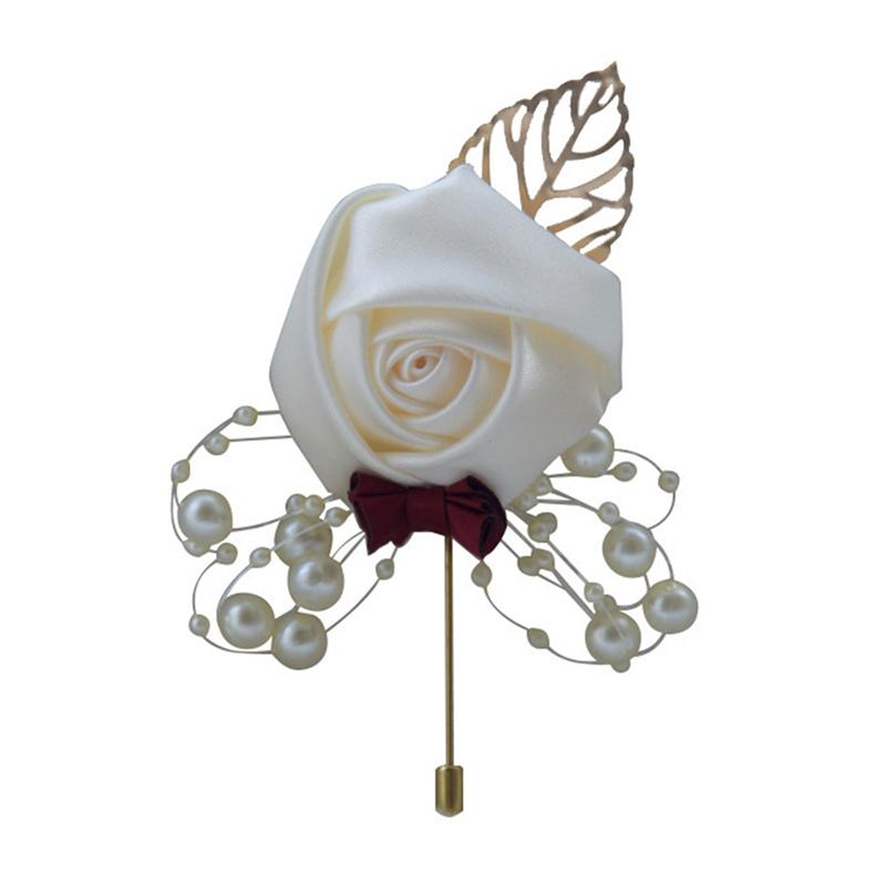 Boutonniere Anstecknadeln Hochzeit Corsage Anzug Knopfloch Seide Rosen Gold Blätter Männer Frauen Brosche Blumen Mariage Zubehör beige