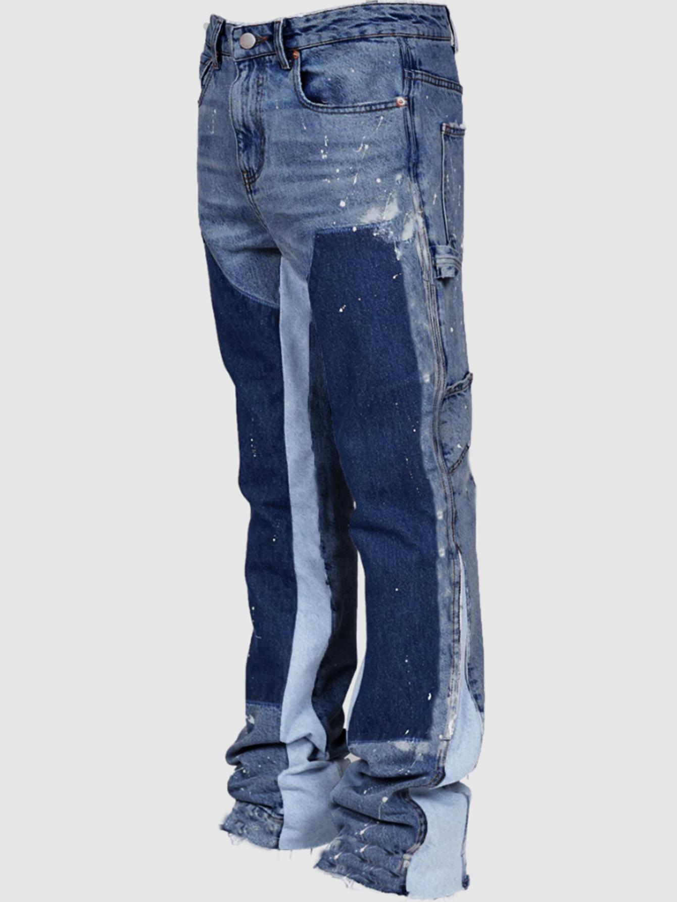 2024 Herrenmode Elastische Denim Patch Layered Schlaghose M32 dunkelblaue