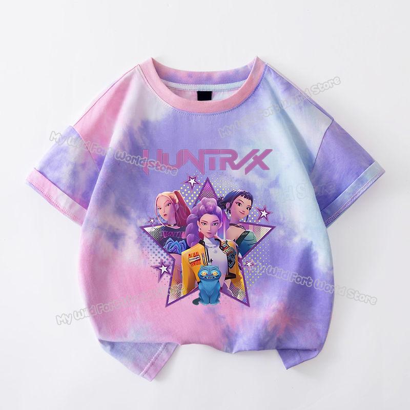 KPop Dämonenjäger Batik-T-Shirt für Mädchen Kurzarm-Tops Rumi Mira Zoey Print T-Shirts Niedliche Sommer-Kinderbekleidung 140 gray
