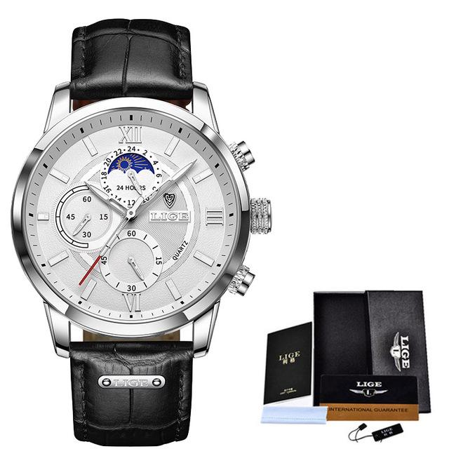 2021 LIGE Uhren Herren Top Marke Luxus Uhr Casual Leathe 24 Stunde Mondphase Männer Uhr Sport Wasserdicht Quarz Chronograph + Box weiß/silber