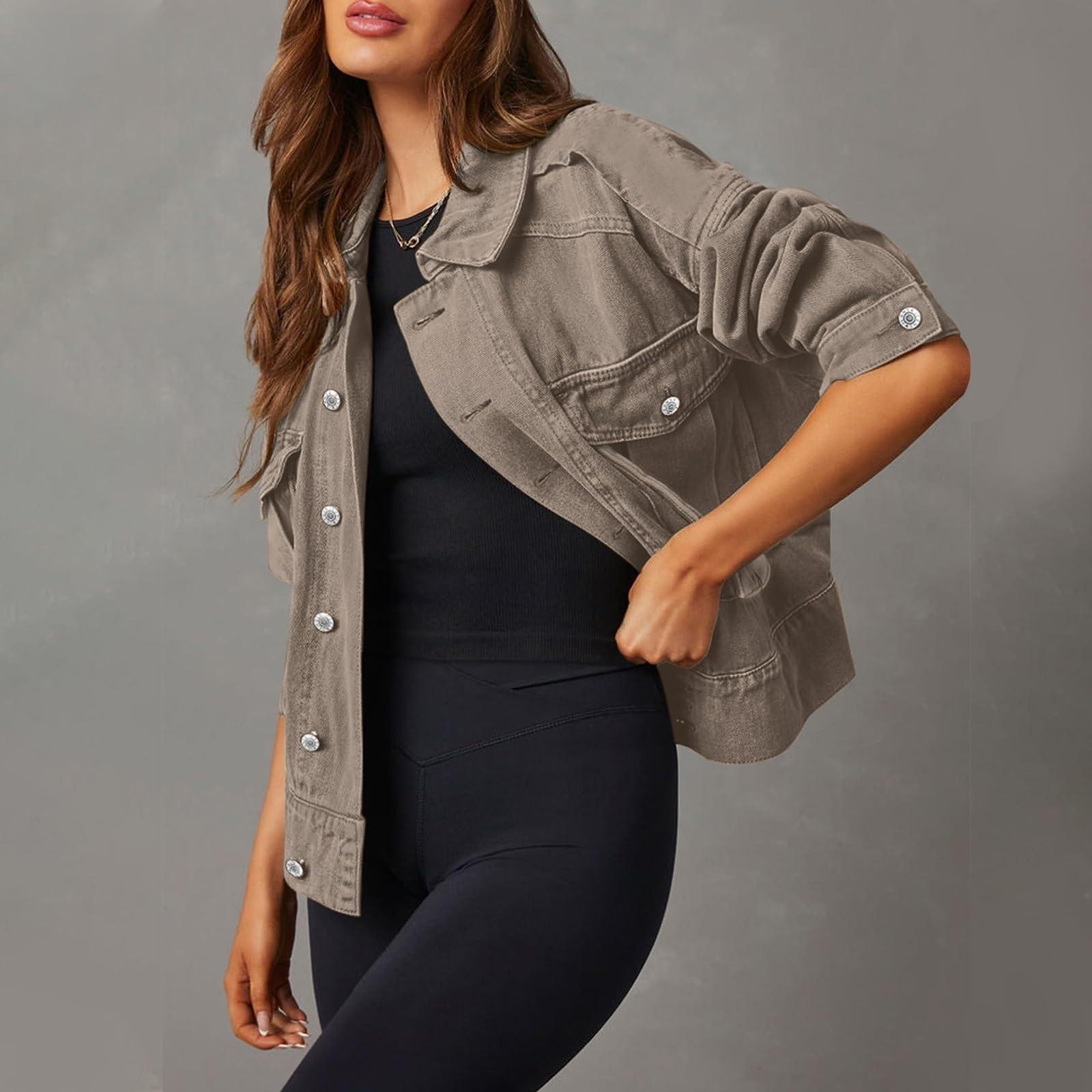 Damen Stretch-Jeansjacke Langarm-Jeansjacke Trucker-Jacke mit Tasche M khaki