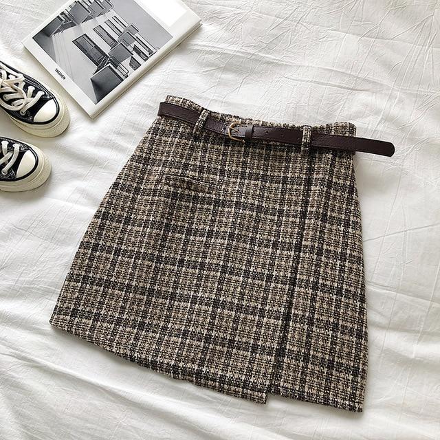 Herbst Süß Hohe Taille A-linie Mini Rock Chic Schärpen Unregelmäßigen Dame Rock Vintage Casual Frauen Plaid Rock L khaki