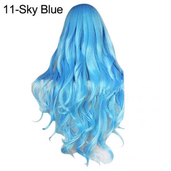 Frauen lange lockige große wellige Haare beliebte bunte coole Perma-lange Cosplay Perücke himmelblaue