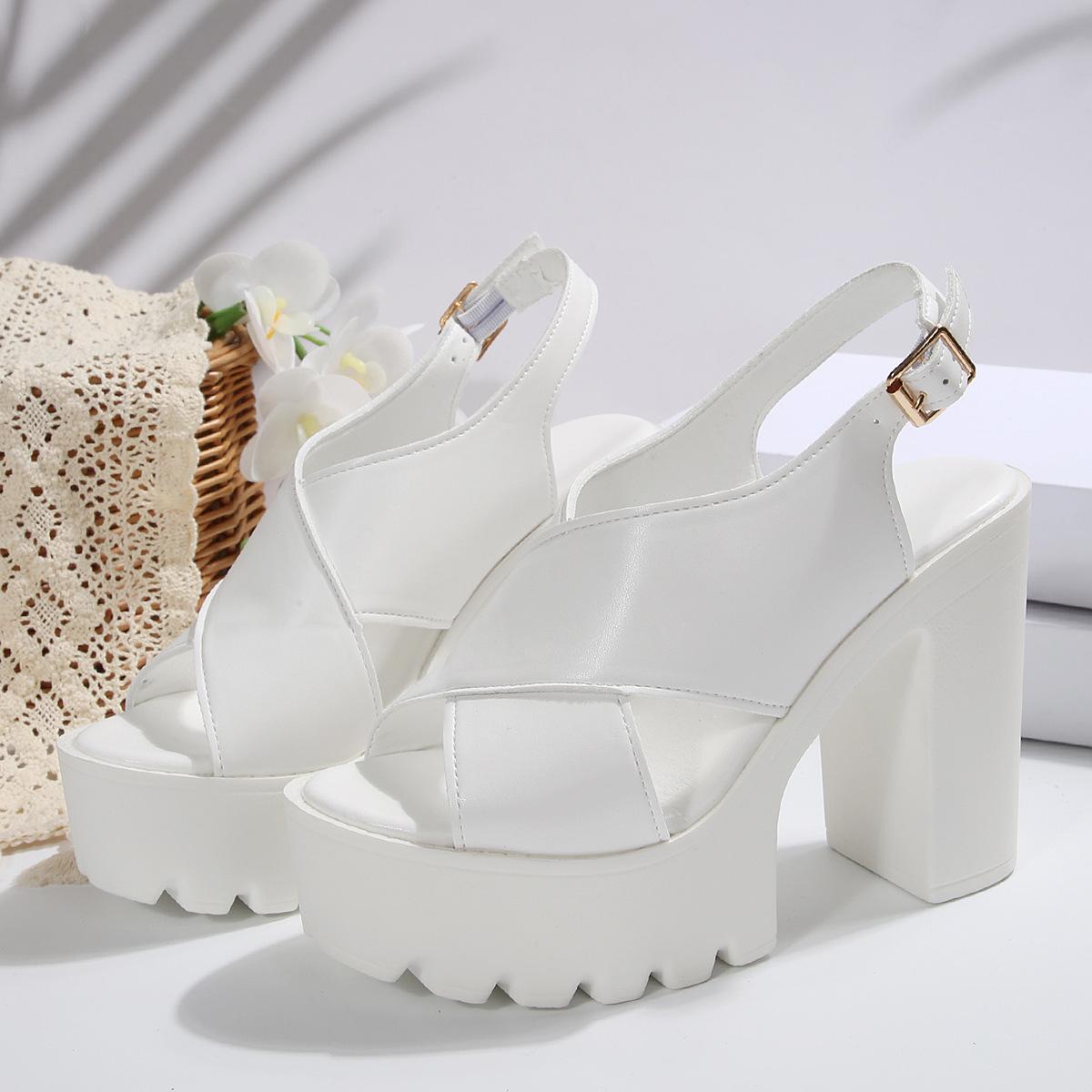 Auslandshandelsplattform hochhackige Sandalen Damen 2025 Sommer neu gekreuzte Riemen europäisch und amerikanisch große Größe Peeptoe-Sandalen 37 weiß