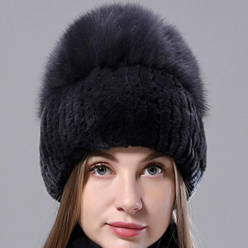 Natürliche Pelz Hüte Frauen Gestrickte Kaninchen Fuchs Flauschigen Winter Warme Weibliche Hut Luxus Kopfbedeckungen Echtpelz Mützen Kappe One Size dunkelgrau