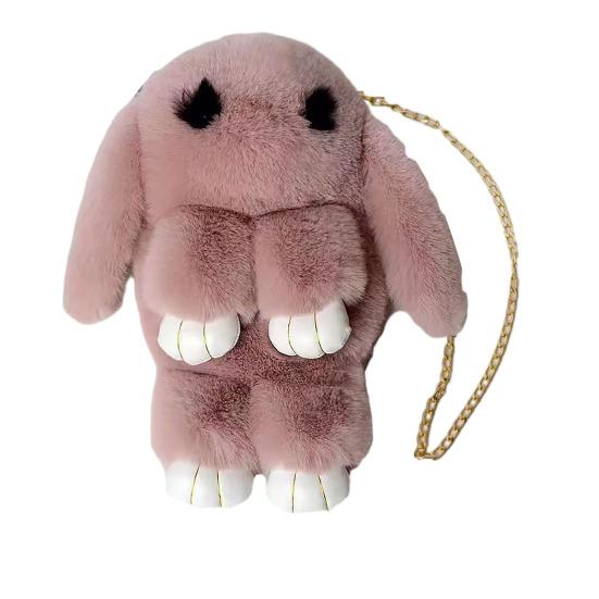 Cartoon-Hasenförmige Umhängetasche Pelz-Hase Weiche Kunstleder-Schultertasche Flauschiger Niedlicher Hasen-Gurt braun