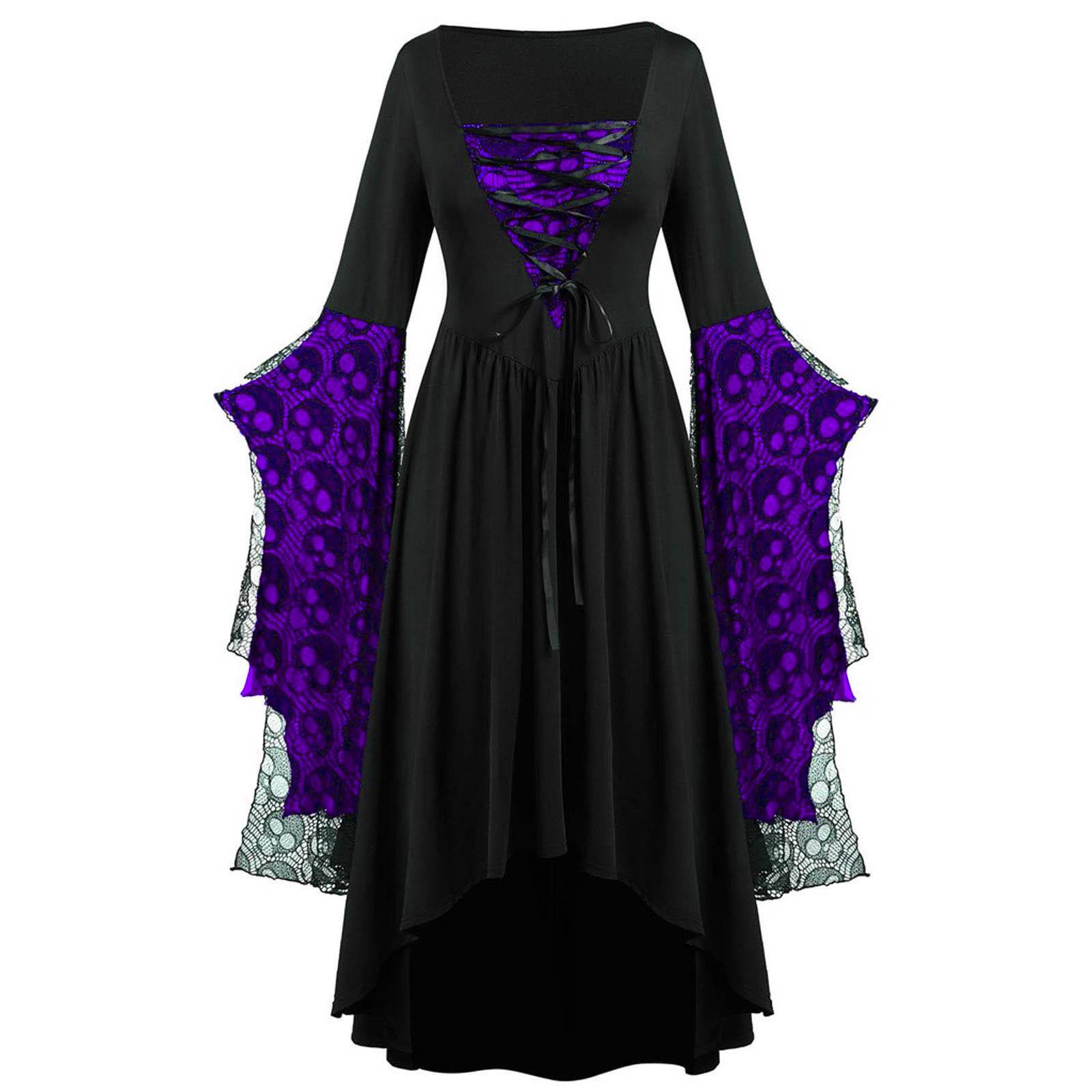Halloween Gothic Kleider Damen Vintage Hexe Vampir Kleid Verkleidungen Karneval Partykleid Trompetenärmel Langes Kleid Übergröße XXXL dunkelviolette