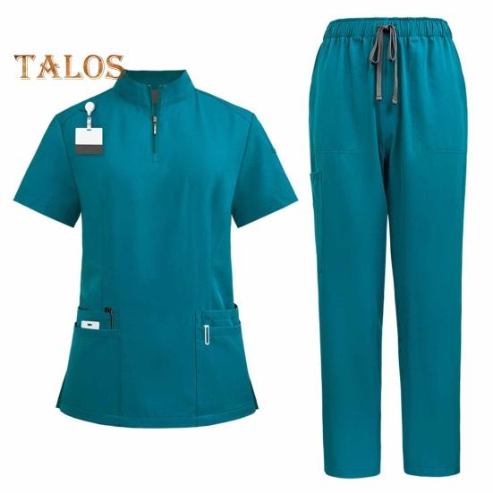 2-teiliges Krankenschwester-Uniform-Set für Krankenschwester, Arzt, Krankenhauspersonal, Jogginganzug mit Oberteil und Hose mit mehreren Taschen, dehnbare, bequeme Arbeitskleidung für medizinische Zwecke S see-blaue