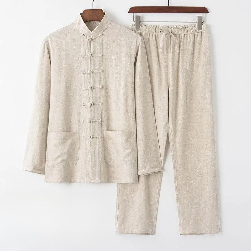Herren Baumwolle Leinen Tang Anzug Langarm Set Retro Knopfleiste Herrenbekleidung Mittleren Alters und Ältere Locker Tai Chi Anzug 5XL beige