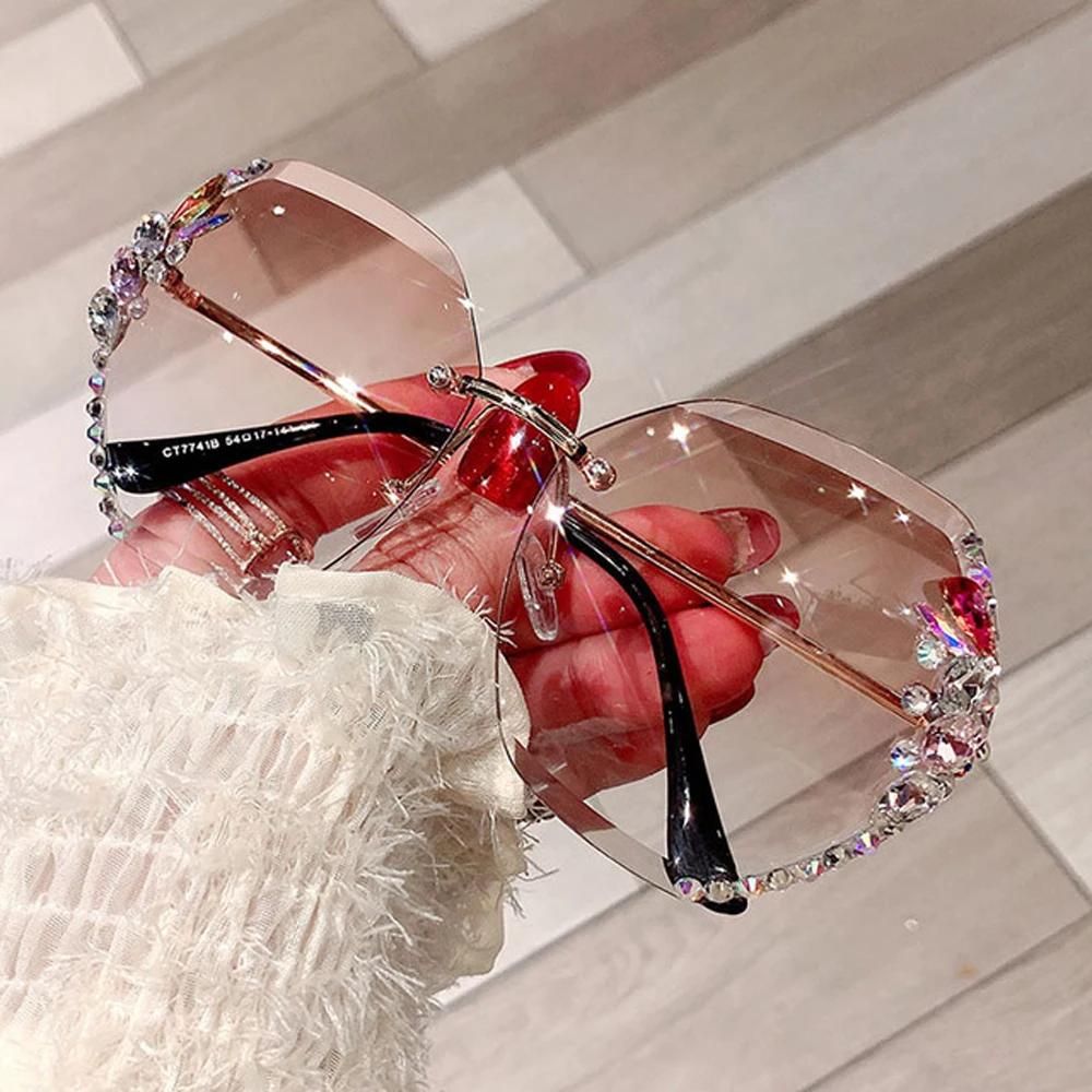 Luxus Vintage Randlose Strass Sonnenbrille Frauen Männer Mode Gradienten Objektiv Sonnenbrille Schattierungen für Frauen