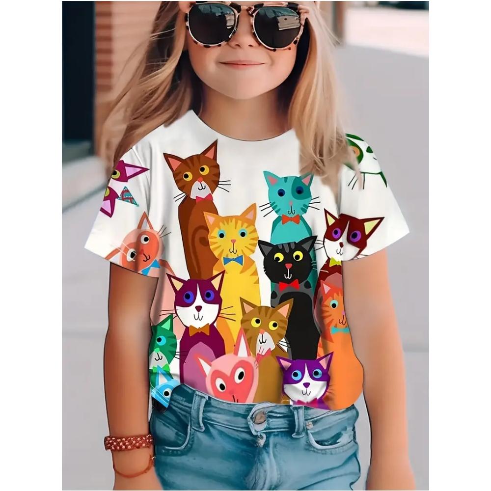 Kinder Mädchen Kleidung Niedliche Katze 3D-Druck Sommer Kurzarm Grafik T-Shirts Outdoor Kleidung für Kinder Niedlicher Stil Mädchen T-Shirt 120
