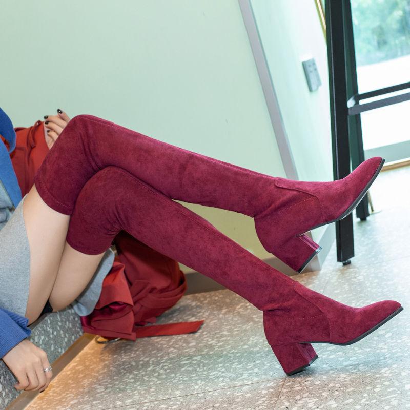 Faux Wildleder Frauen Über Knie Stiefel Lace Up Sexy Chick Heels Schuhe Frau Weibliche Hohe Stiefel Botas Damen Hohe Stiefel 40 wein rot