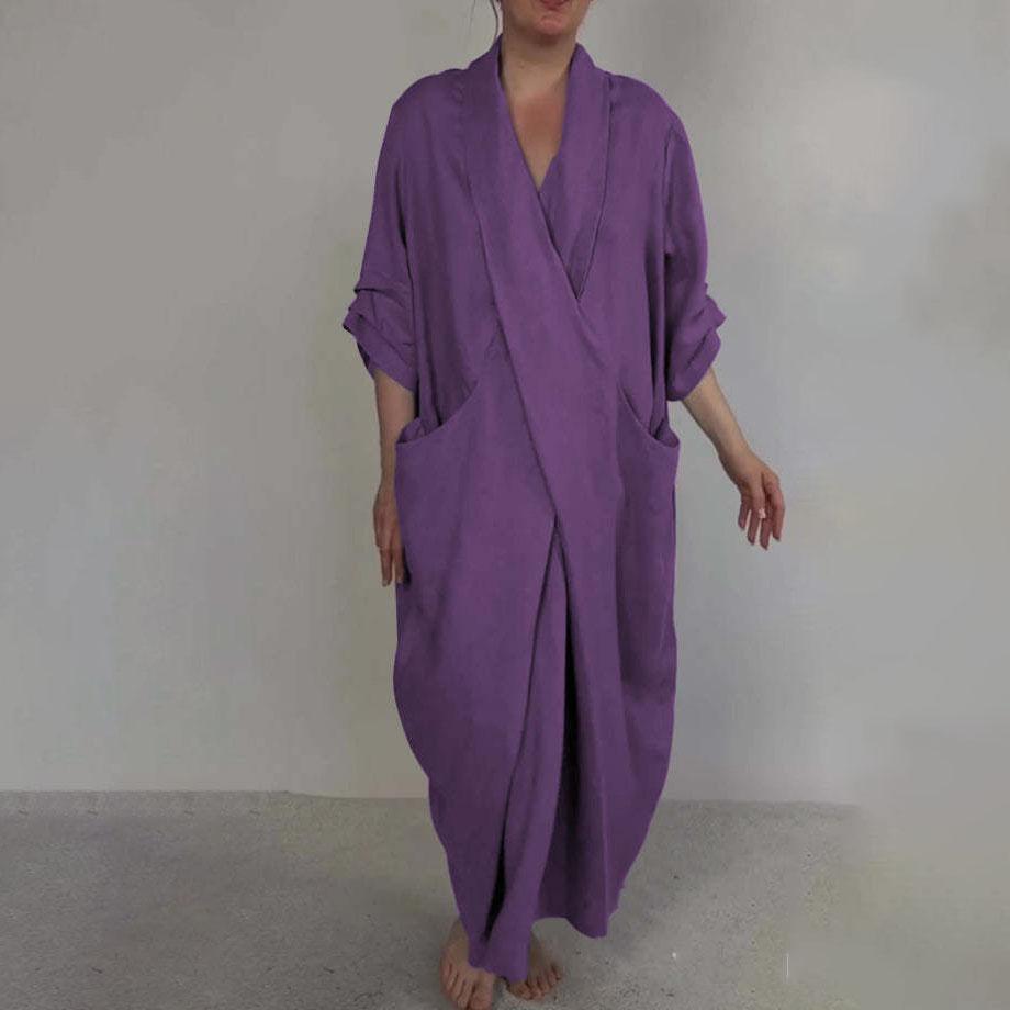 Maxikleid für Frühling und Herbst, Robe, Baggy, Kreuz, V-Ausschnitt, einfarbig, große Tasche, Retro-A-Linie, Bohemian-Maxikleid, lässig, Party, Reisen XXL violett