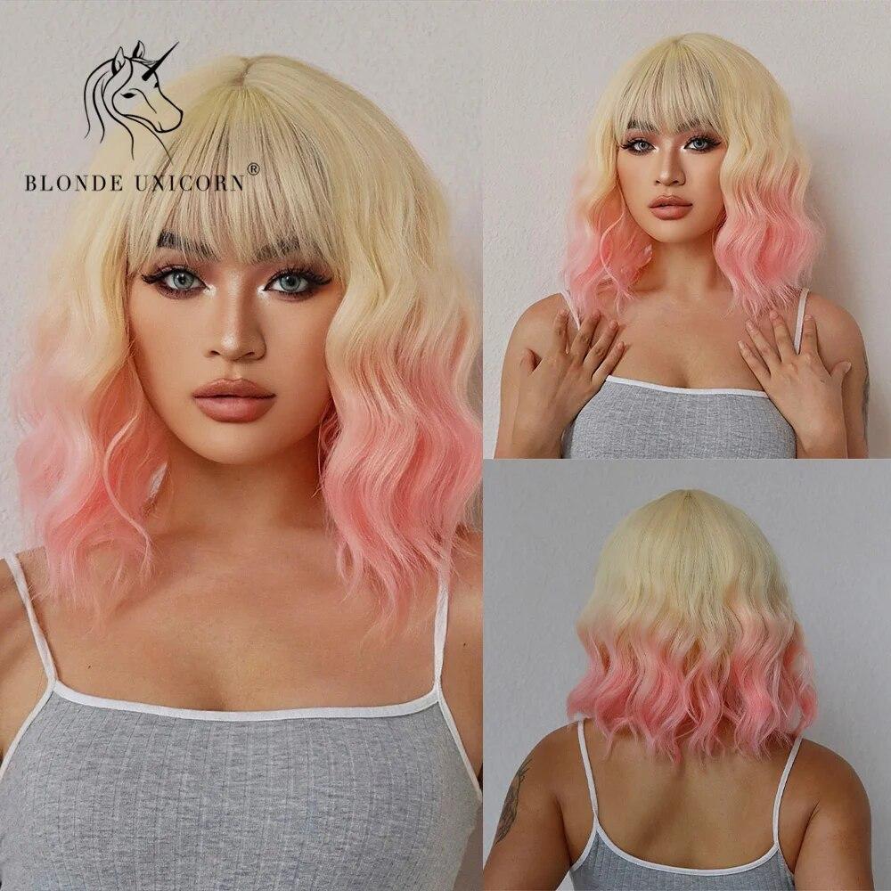 Blonde Einhorn Ombre Lila Rosa kurze Bob Perücken mit Pony Party Cosplay Halloween Naturhaar synthetische hitzebeständige Faser brown