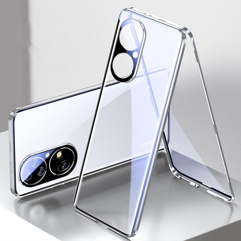 360 magnetische Adsorption doppelseitige Glashülle für Huawei P60 50 40 Pro Honor 80 70 50 Pro Objektivschutz Metallabdeckung für Mate 60 50 40 Pro For Huawei P50 Pro silber
