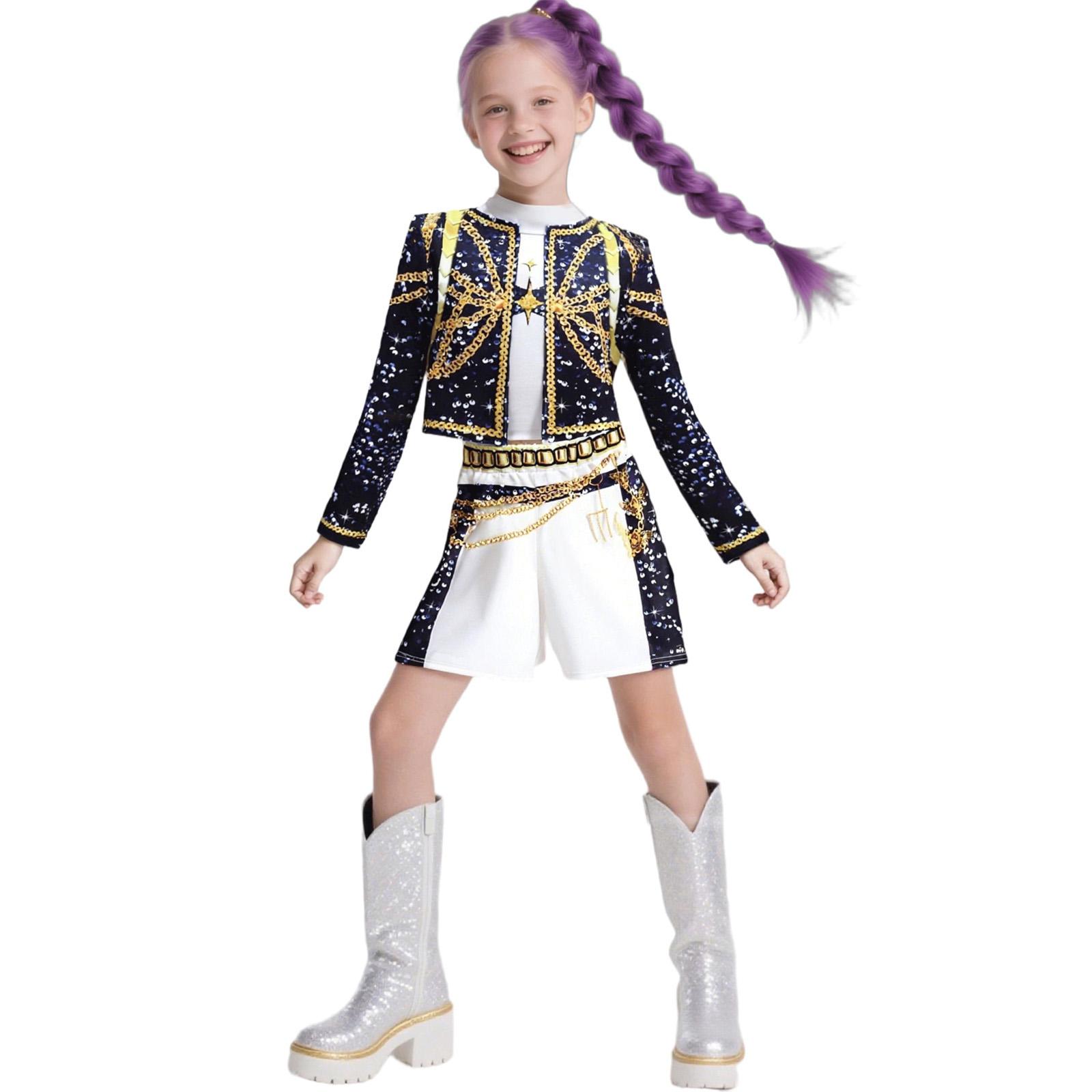 K-Pop Dämonenjäger Rumi Cosplay Kostüm Kinder Faschingskostüm Idol Mädchen Zoey Cosplay Set 3D-gedruckt Bühnenmädchen Halloween Kleidung schwarz