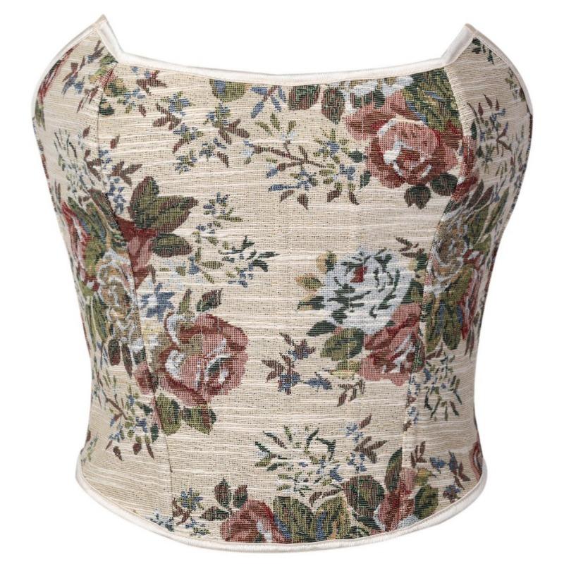 Vintage Blumenmuster Korsett Oberteil Trägerlos Mit Stäbchen Schnürung Hinten Bustier Oberteil Retro Jacquard Korsett Formwäsche für Damen XL apricot