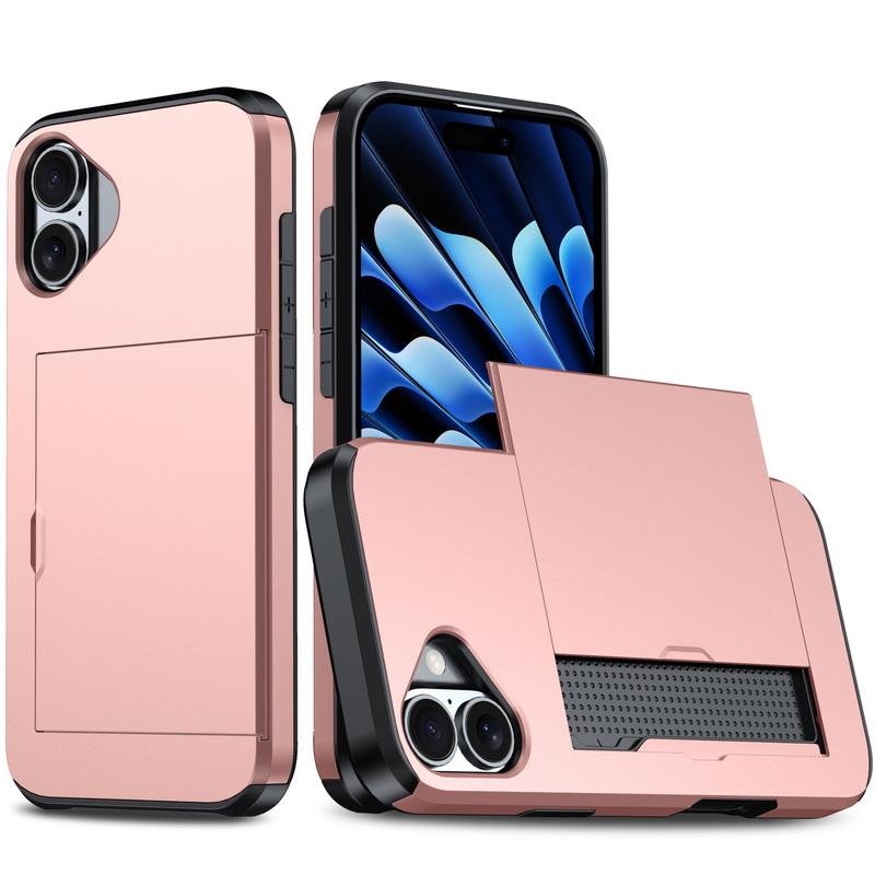 Für iPhone 16 Pro Max 15 Pro 14 Plus 13 12 11 Pro Max Xs Max Xr 8 7 Plus Brieftasche Kartenhalter Schiebeschlitz Schlanke, harte PC-Hochleistungsschutzhülle iPhone 16 Pro Max rose gold