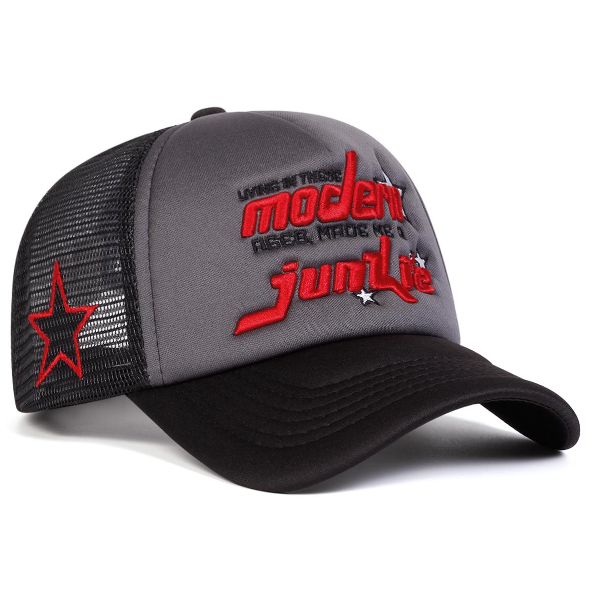 Herren Buchstaben Bestickte Seite Pentagramm Baseballkappe Mesh Hut Outdoor Verstellbar Sonnenschutz Freizeit Hut Frühling Herbst Reise Tourismus Strandurlaub dunkelgrau