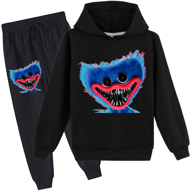 Kinder 3D Hoodie Set Huggy Wuggy Pullover Trainingsanzug Poppy Playtime Kinder Pullover + Hose 120cm schwarz