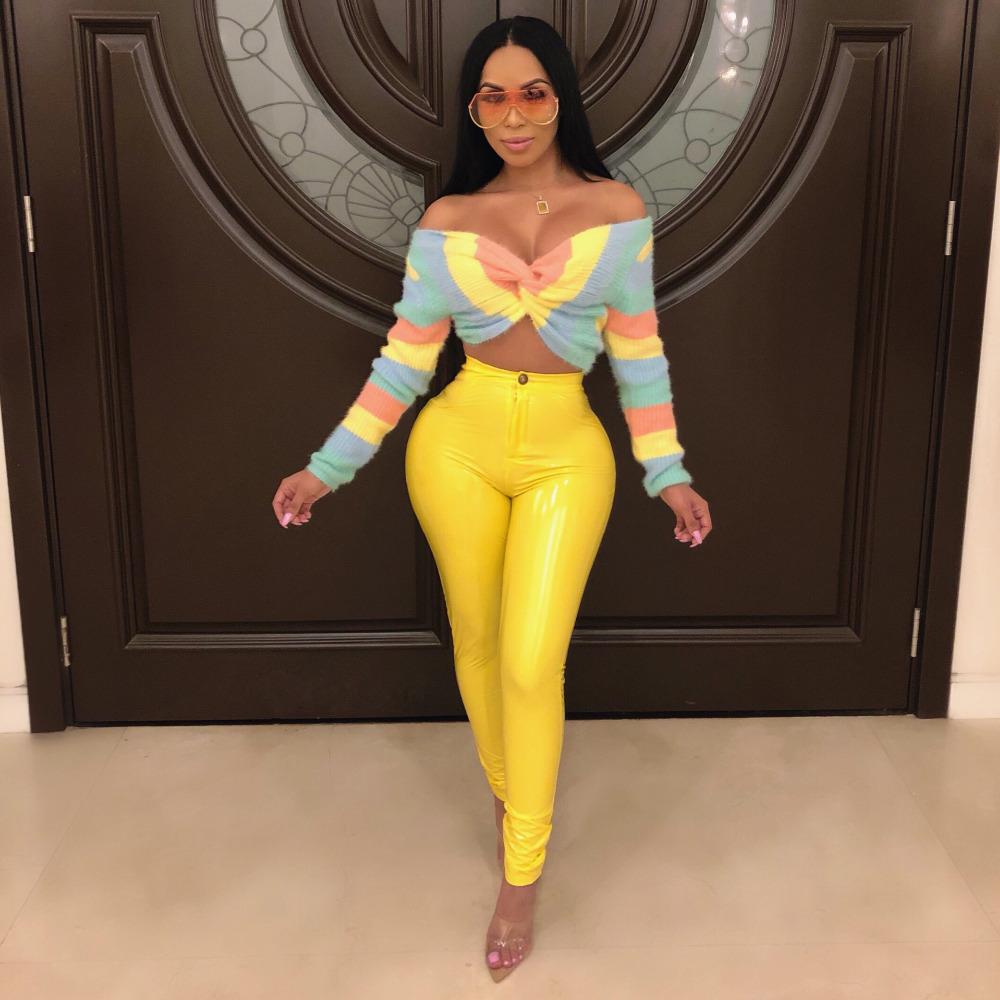 Frauen Latex Faux Pu Leder Hosen Hosen Push-Up Hohe Taille Dünne Hosen Bleistift Herbst Winter Einfarbig Sexy Hosen weibliche M gelb