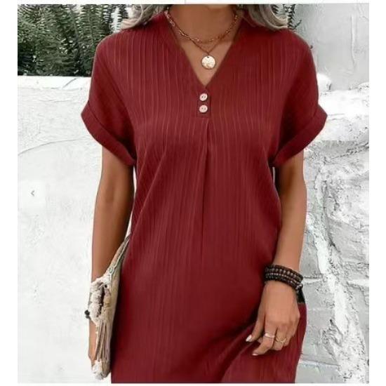 Damenmode Sommer Frühling Einfarbiger Druck Kurzarm V-Ausschnitt Hohe Taille Freizeitkleider M bordeaux