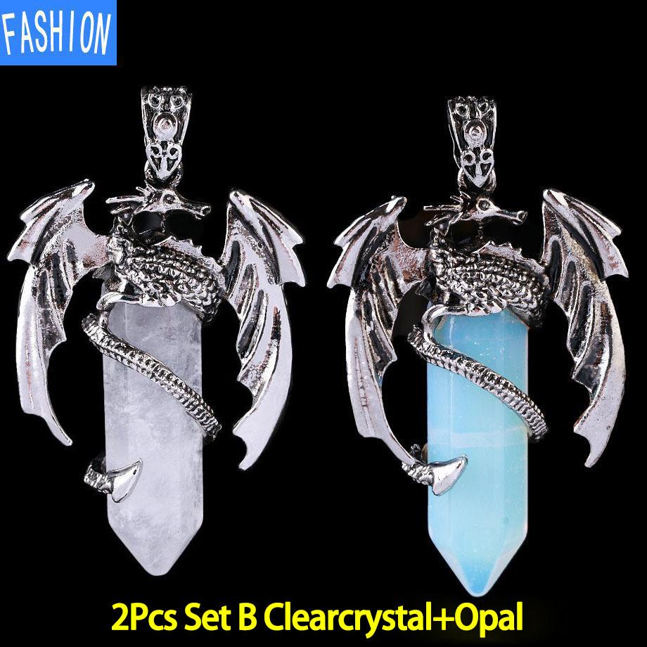 Drachen-Anhänger-Halskette für Männer und Frauen, coole Heilkristall-Amethyst-Halskette, natürliche Rosenquarz-Halskette, westlicher Drachen-Schmuck ClearCrystal+Opal