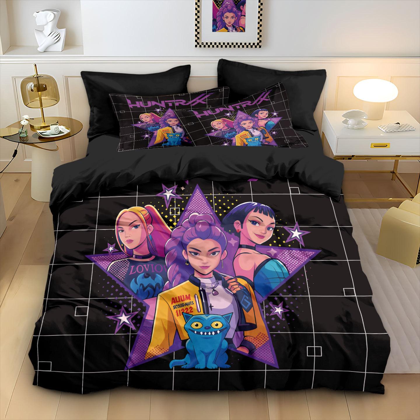 Filme kp-op Dämonenjäger Huntrix Bettwäsche-Set Anime Zoey Mira Bettbezug für Kinder Jugendliche Erwachsene Einzel Doppel King-Size AU Double(180*210cm)3pcs