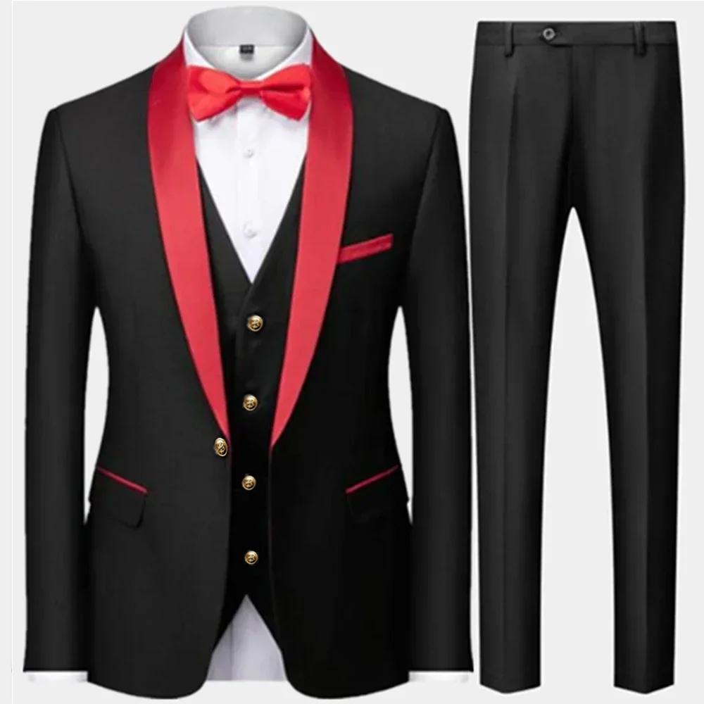 Herrenanzug Groomsmen Regular Fit Smoking 3-teiliges Set Jacke+Hose+Weste Blazer Hosen 6XL rot