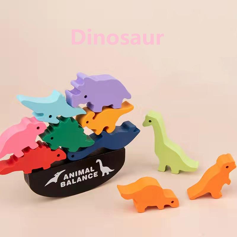 Neue Kinder Montessori Holz Tier Balance Blöcke Brettspiele Spielzeug Dinosaurier Pädagogisches Stapeln Hoher Baustein Holzspielzeug blue