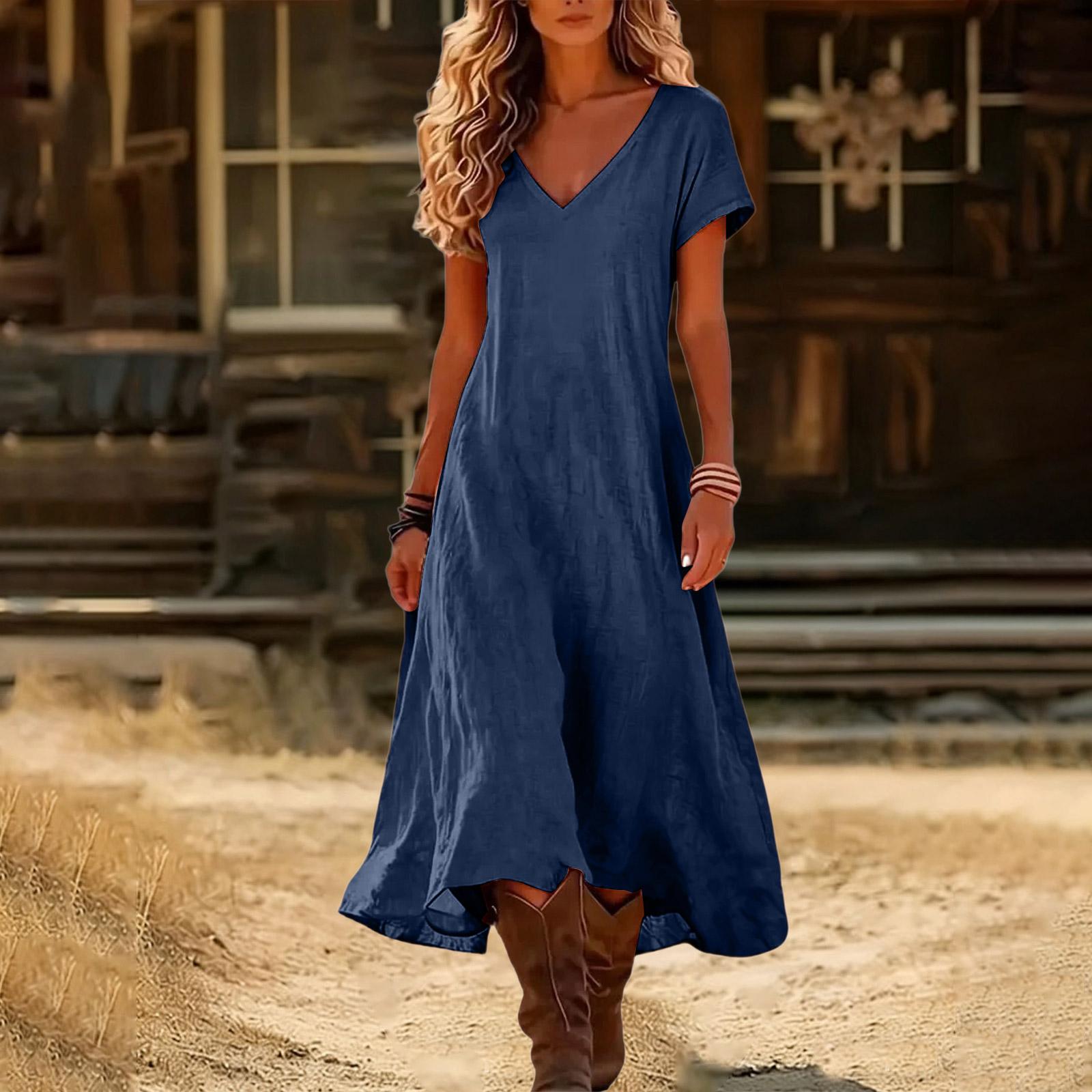 Boho-Kleider für Damen 2026 V-Ausschnitt Kurzarm-Sonnenkleider für Damen Sommerkleider für Damen Lässiger Lockerer Schnitt XXXL blue