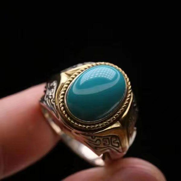 Kreative Exquisite Glänzende Retro Vintage Ethnische Stil Mongolischer Türkis Herrenringe Elliptischer Blauer Ring Bankett Feiner Schmuck resizable black
