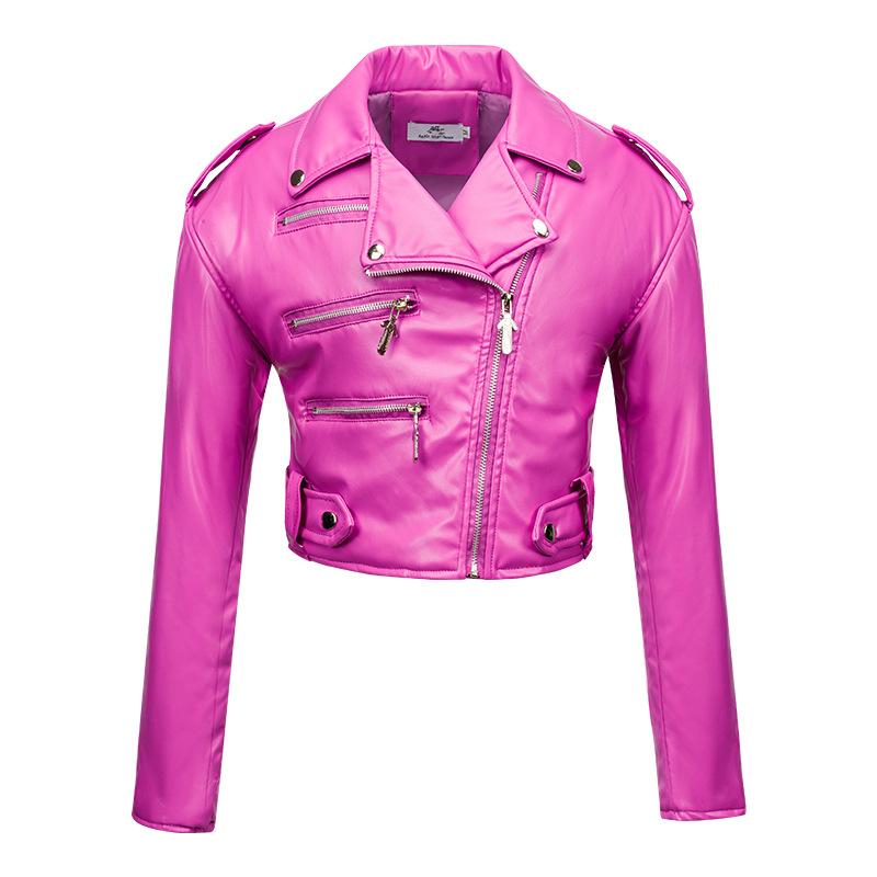 Damen Lederjacke Slim Fit Kurzer Stil Langarm Revers Reißverschluss Lederjacke PU Damen Motorradanzug XL rose rot