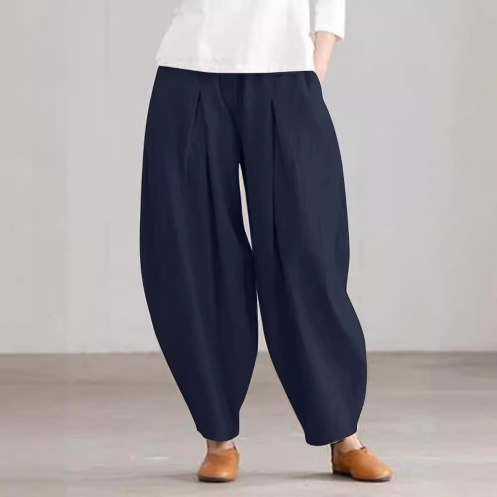 Sommer Elastischer Bund Einfarbige Hose Damen Lässige Baggy Hose Elegant Lockere Weitbein Hose Pantalon Vintage Baumwolle Rübe M blau