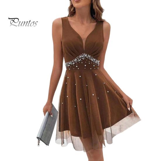 Damen-Abendkleid, V-Ausschnitt, ärmellos, Kunstperlen, A-Linie, doppellagig, Netzstoff, eng, hohe Taille, einfarbig, Ballkleid, Sommer, Party, Abschlussball, Minikleid L kaffeebraun