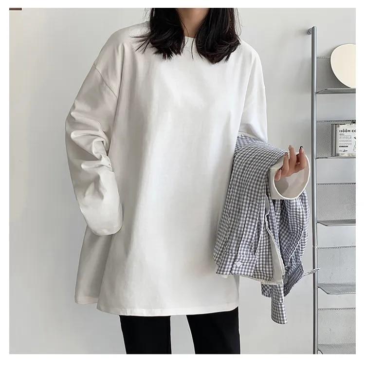 100% Baumwolle 20224 Frühjahr Neue Langarm T-Shirt Frauen Basic Tee Shirt Übergroßen T Shirt Frauen Casual Oansatz Frauen T-shirt UNS größe US XXXL weiß