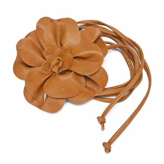 Boho-Blumen-Taillengürtel für Damen und Mädchen, florales Kunstleder, Seil, Taillenband, Hochzeitskleid, dünner Bund leichte braune