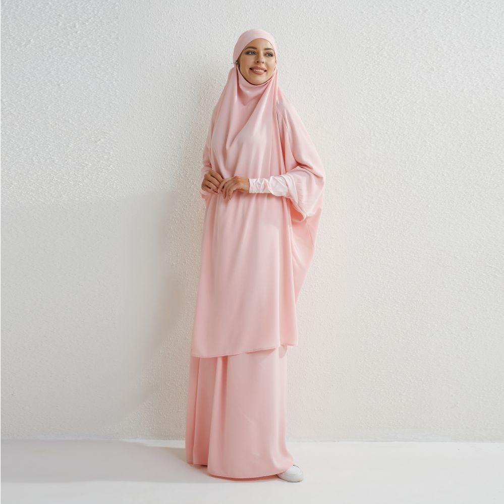 Muslimische Sets Zweiteilige Gebetskleidung Lange Kapuzen-Rauchhülsenhemden Hijab Lose Maxiröcke Elastische Taille Damen-Abaya-Sets One Size rosa