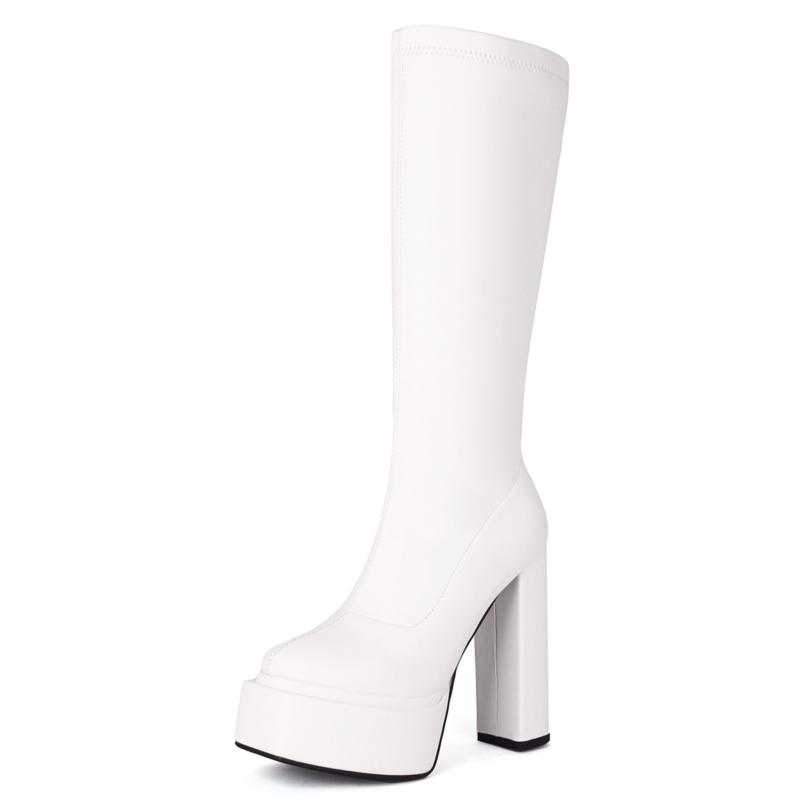 Schwarze Kniehohe Stiefel Damen Plateau Sexy Dick Absatz Damen Winter Oberschenkelhoher Stiefel Pinke Stipper Partyschuhe Damen Große Größe 34 weiß
