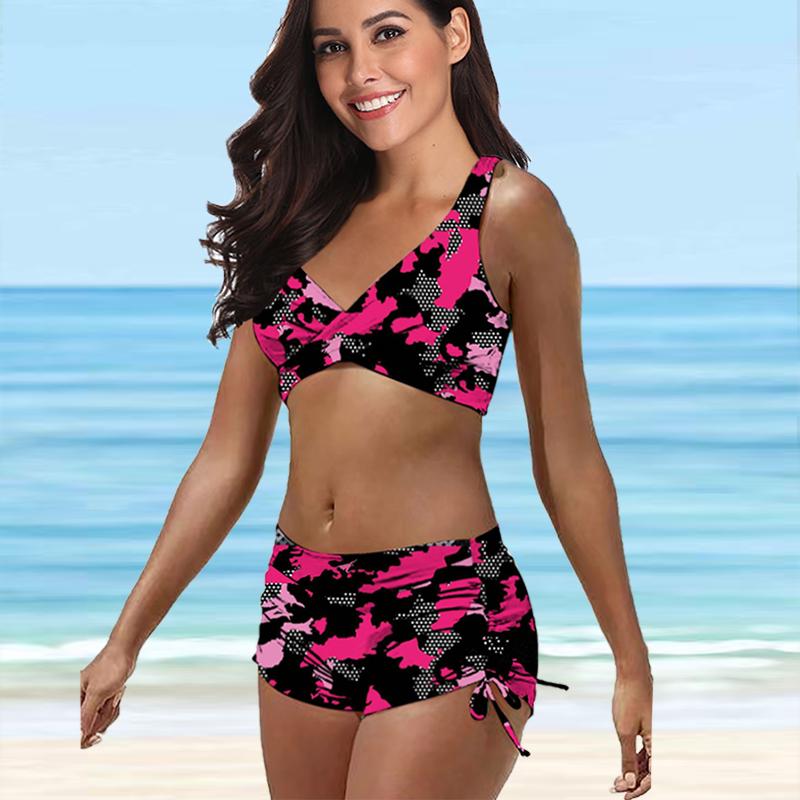 Damen-Badeanzug mit Schultergurt, grüner Camouflage-Druck, Bikini-Tankini-Badeanzug S hellrosa