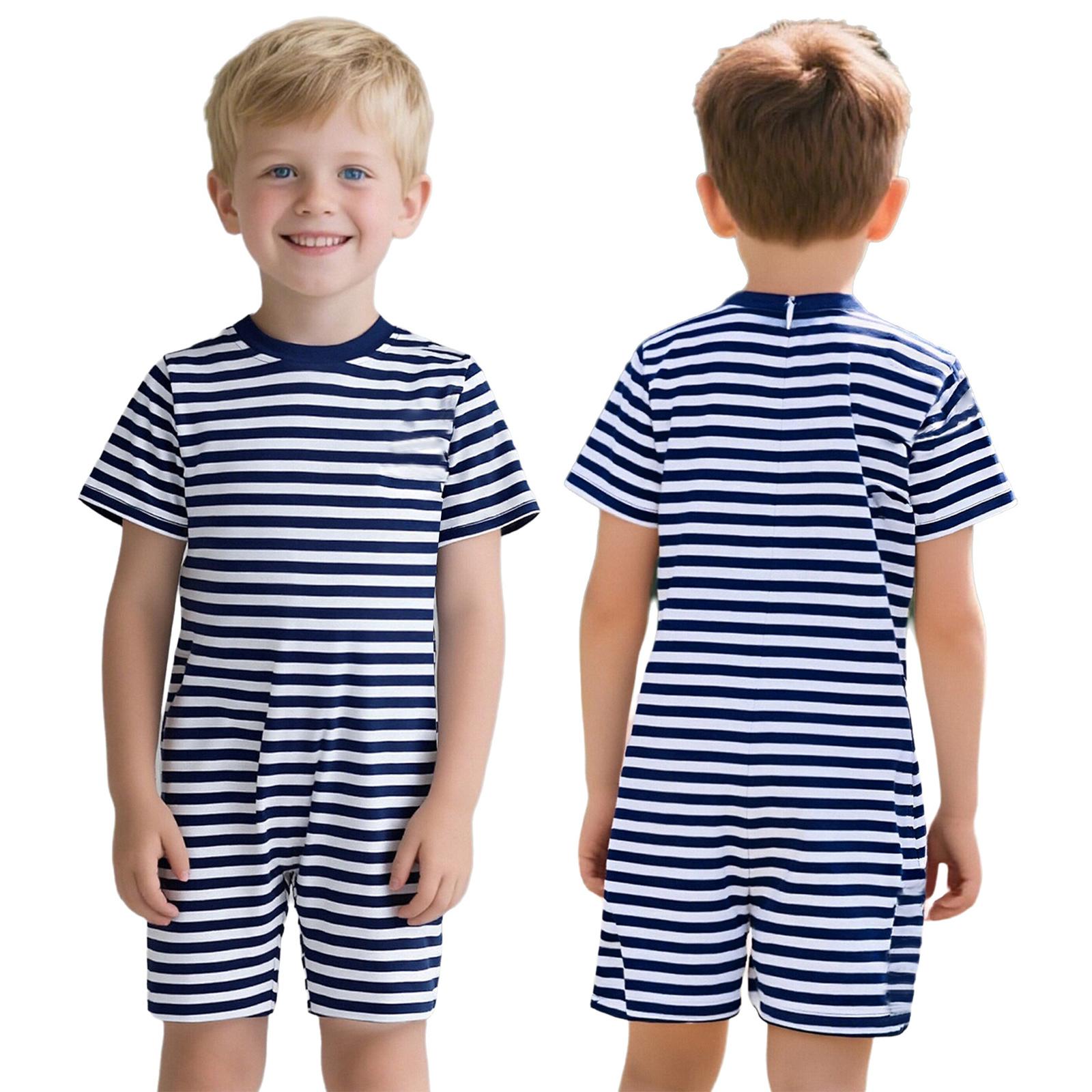 Unisex Kinder spezieller Bedarf Anpassbarer Overall: Rundhals, Kurzarm, Oberschenkellang, Anti-Strip Rücken, Verdeckter Reißverschluss, Gestreift 5-6 Years navy blau