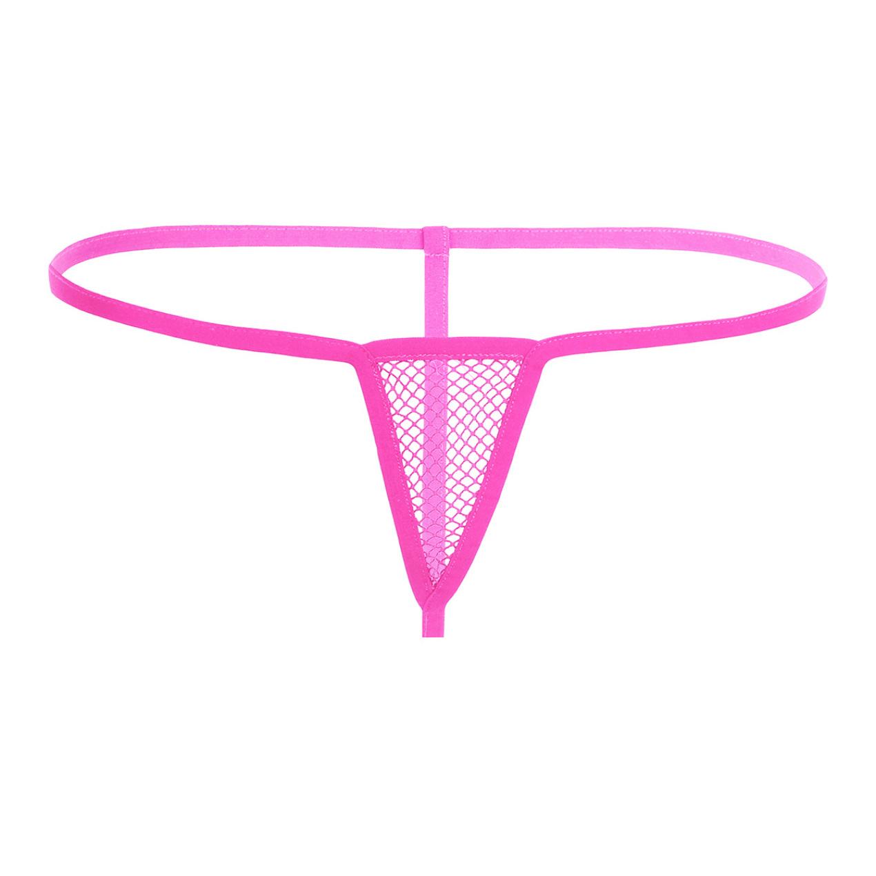 Damen-Mini-G-String-Tanga mit durchsichtigem, elastischem Bund und offenem Hintern aus Netzstoff vorne hellrosa