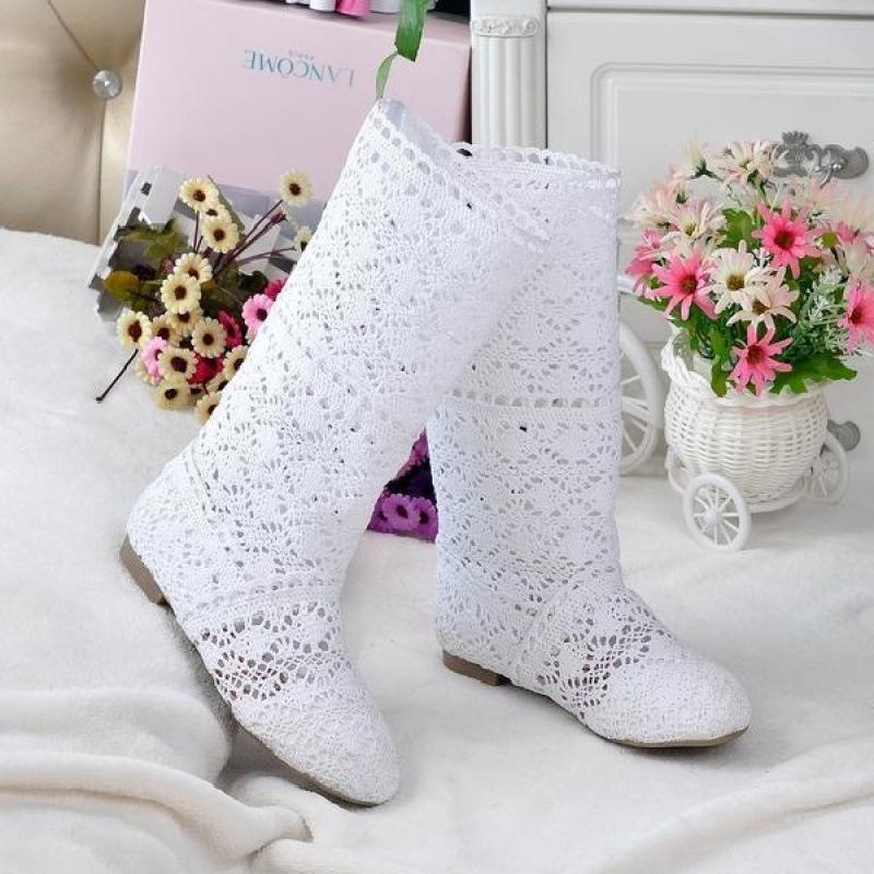 2025 neue Frühling Spitze hohl Martin Stiefel Einzelstiefel flache hohe Stiefel Netzstiefel coole Stiefel Lochschuhe Damenstiefel single layer weiß