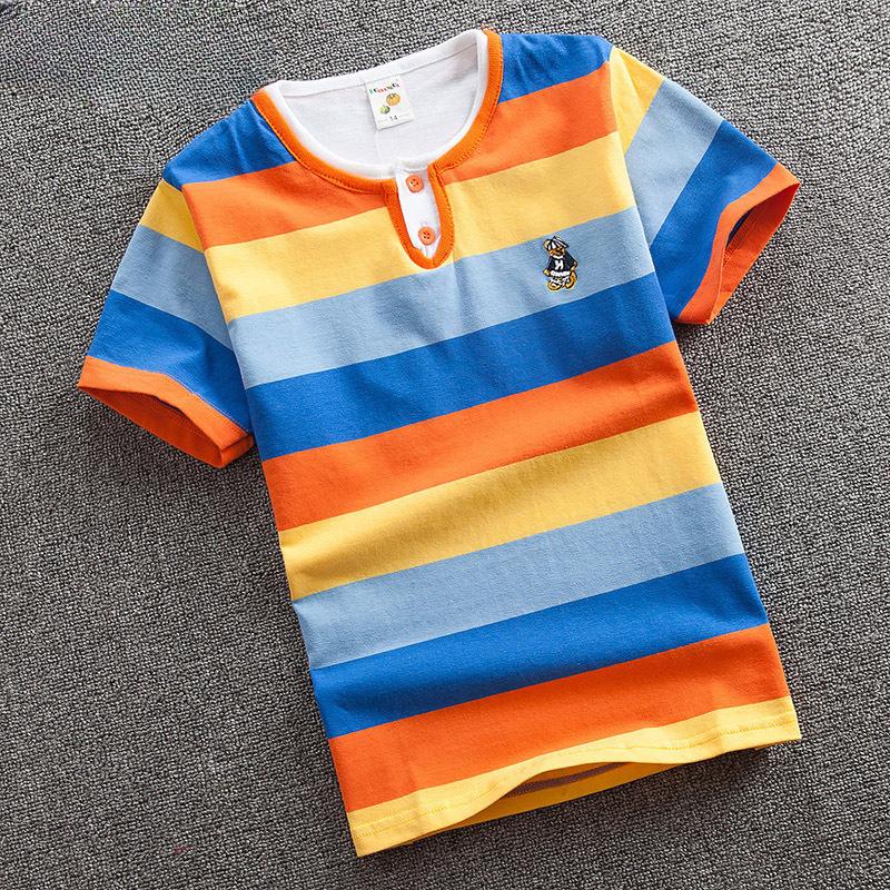 Kinderbekleidung Sommer Jungen Kurzarm T-Shirts für Jungen und Mädchen, Mittlere und Große Kinder, Reine Baumwolle Gestreifte Rundhals Baumwolle 120cm